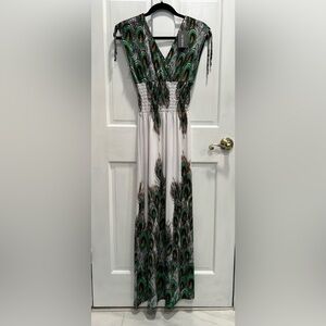 NALI COLLECTION NWT Green White Lightweight Smocked Peacock Maxi Dress SZ LARGE